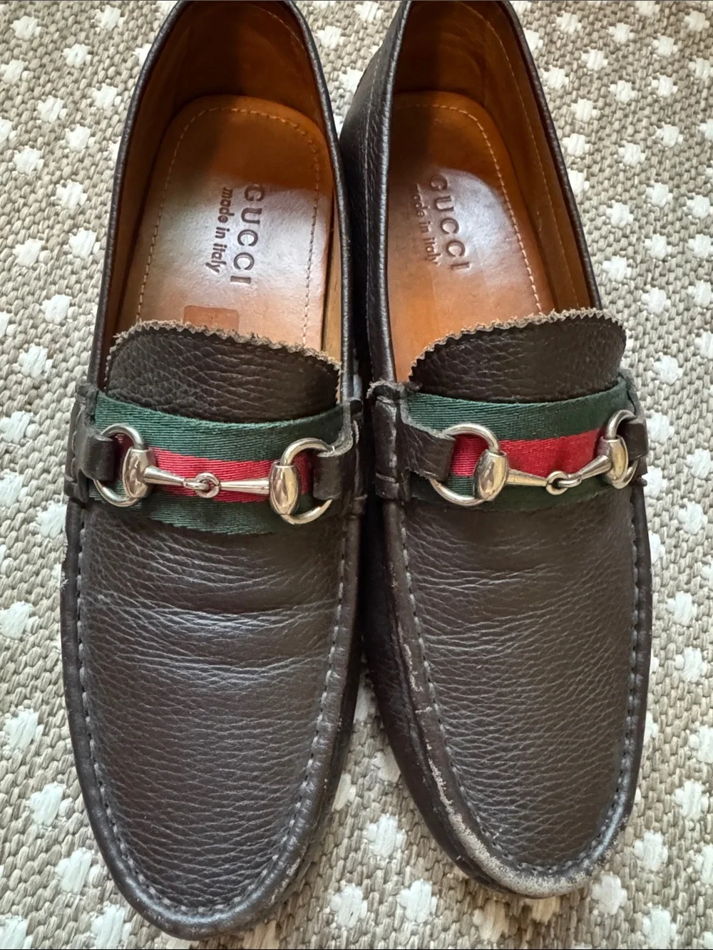 Gucci Men’s Brown Leather Horsebit Driving Loafers Green-Red US 9/ UK GUCCI 8
